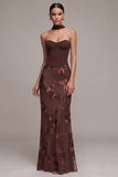 Coffee Corset Sheath Strapless Floral Appliques Maxi Formal Dress