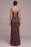 Coffee Corset Sheath Strapless Floral Appliques Maxi Formal Dress