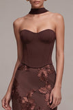 Coffee Corset Sheath Strapless Floral Appliques Maxi Formal Dress