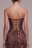 Coffee Corset Sheath Strapless Floral Appliques Maxi Formal Dress