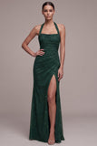 Dark Green Sheath Halter Ruched Beaded Maxi Formal Dress with Slit