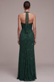 Dark Green Sheath Halter Ruched Beaded Maxi Formal Dress with Slit
