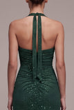 Dark Green Sheath Halter Ruched Beaded Maxi Formal Dress with Slit