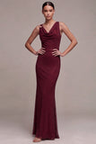 Burgundy Mermaid Cowl Neck Beaded Maxi Formal Dress