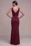 Burgundy Mermaid Cowl Neck Beaded Maxi Formal Dress