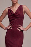 Burgundy Mermaid Cowl Neck Beaded Maxi Formal Dress