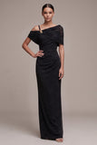 Black Sheath Asymmetrical Off the Shoulder Ruched Maxi Formal Dress