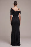 Black Sheath Asymmetrical Off the Shoulder Ruched Maxi Formal Dress