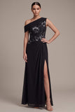 Black Sheath Asymmetrical One Shoulder Ruched Long Formal Dress with Appliques