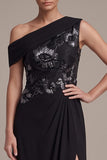 Black Sheath Asymmetrical One Shoulder Ruched Long Formal Dress with Appliques