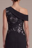 Black Sheath Asymmetrical One Shoulder Ruched Long Formal Dress with Appliques