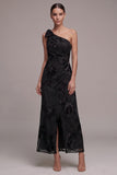 Black Sheath One Shoulder Floral Appliques Maxi Formal Dress with Slit