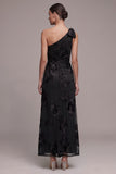 Black Sheath One Shoulder Floral Appliques Maxi Formal Dress with Slit