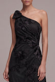 Black Sheath One Shoulder Floral Appliques Maxi Formal Dress with Slit