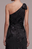 Black Sheath One Shoulder Floral Appliques Maxi Formal Dress with Slit