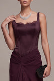Burgundy Corset Sheath Square Neck Ruched Maxi Formal Dress with Lace