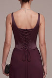 Burgundy Corset Sheath Square Neck Ruched Maxi Formal Dress with Lace