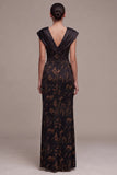 Black Sheath V-Neck Satin Printed Long Formal Dress