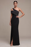 Black Sheath Asymmetrical One Shoulder Long Formal Dress with Side Slit