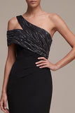 Black Sheath Asymmetrical One Shoulder Long Formal Dress with Side Slit