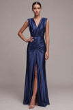 Navy Sheath V-Neck Ruched Long Formal Dress with Front Slit