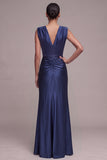 Navy Sheath V-Neck Ruched Long Formal Dress with Front Slit