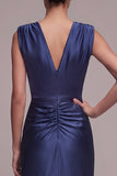 Navy Sheath V-Neck Ruched Long Formal Dress with Front Slit