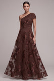 Coffee A-Line Asymmetrical One Shoulder Floral Appliques Maxi Formal Dress
