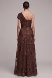 Coffee A-Line Asymmetrical One Shoulder Floral Appliques Maxi Formal Dress