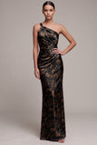 Black Sheath One Shoulder Ruched Printed Satin Maxi Formal Dress