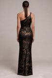 Black Sheath One Shoulder Ruched Printed Satin Maxi Formal Dress