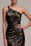 Black Sheath One Shoulder Ruched Printed Satin Maxi Formal Dress