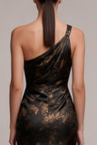 Black Sheath One Shoulder Ruched Printed Satin Maxi Formal Dress