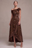 Coffee A-Line Asymmetrical One Shoulder Ruched High-Low Formal Dress with 3D Flower