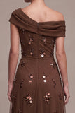Coffee A-Line Asymmetrical One Shoulder Ruched High-Low Formal Dress with 3D Flower