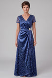 Royal Blue Sheath V-Neck Satin Sequins Embroidery Ruched Long Mother of the Bride Dress