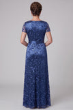 Royal Blue Sheath V-Neck Satin Sequins Embroidery Ruched Long Mother of the Bride Dress