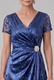 Royal Blue Sheath V-Neck Satin Sequins Embroidery Ruched Long Mother of the Bride Dress