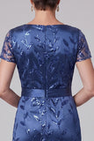 Royal Blue Sheath V-Neck Satin Sequins Embroidery Ruched Long Mother of the Bride Dress
