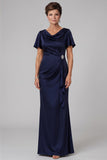 Navy Sheath Cowl Neck Ruched Long Mother of the Bride Dress with Rhinestone