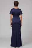Navy Sheath Cowl Neck Ruched Long Mother of the Bride Dress with Rhinestone
