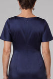 Navy Sheath Cowl Neck Ruched Long Mother of the Bride Dress with Rhinestone