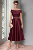 Burgundy A-Line Satin Off the Shoulder Midi Mother of the Bride Dress with Belt