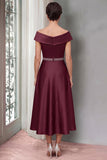 Burgundy A-Line Satin Off the Shoulder Midi Mother of the Bride Dress with Belt