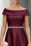 Burgundy A-Line Satin Off the Shoulder Midi Mother of the Bride Dress with Belt