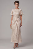 Champagne Sheath Round Neck Ruched Flutter Sleeves Maxi Mother of the Bride Dress with Rhinestone