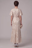 Champagne Sheath Round Neck Ruched Flutter Sleeves Maxi Mother of the Bride Dress with Rhinestone