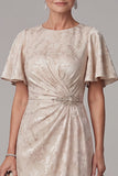 Champagne Sheath Round Neck Ruched Flutter Sleeves Maxi Mother of the Bride Dress with Rhinestone