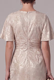 Champagne Sheath Round Neck Ruched Flutter Sleeves Maxi Mother of the Bride Dress with Rhinestone