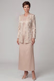Champagne 2-Piece Sheath Round Neck Jacquard Long Mother of the Bride Dress with Jacket